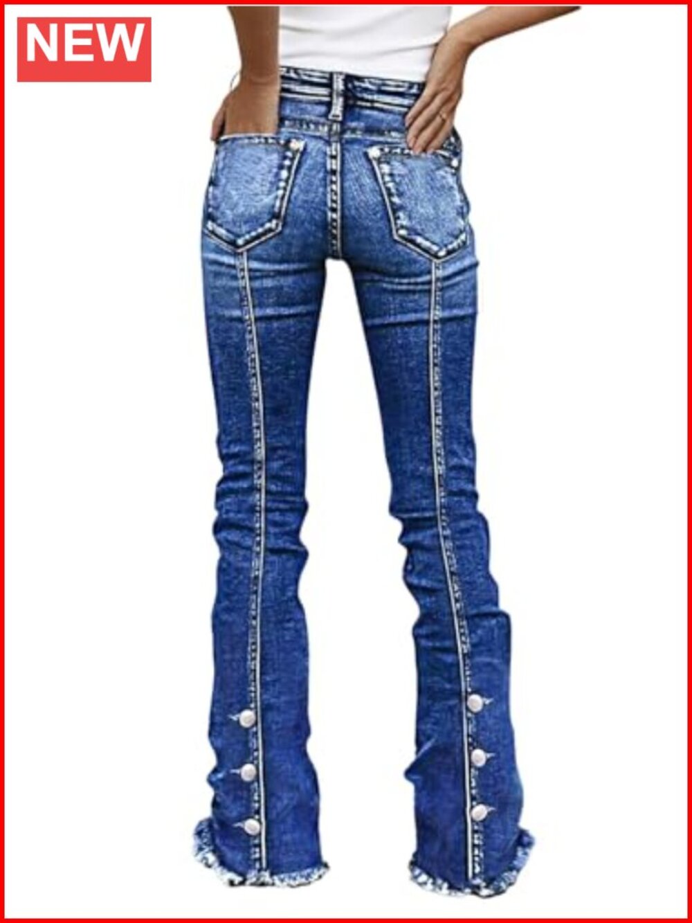 Flamingals Women's Mid Rise Bootcut Raw Hem Button Decor Jeans